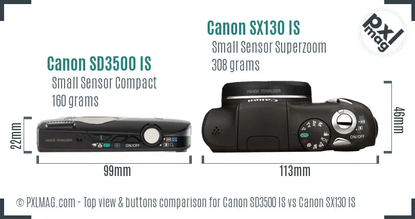 Canon SD3500 IS vs Canon SX130 IS top view buttons comparison