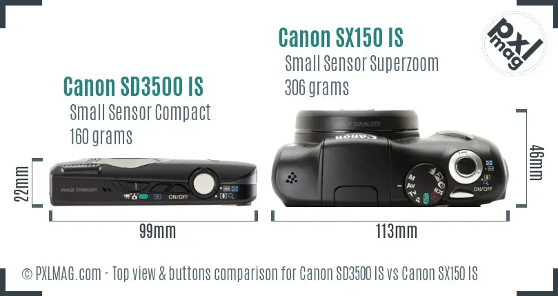 Canon SD3500 IS vs Canon SX150 IS top view buttons comparison