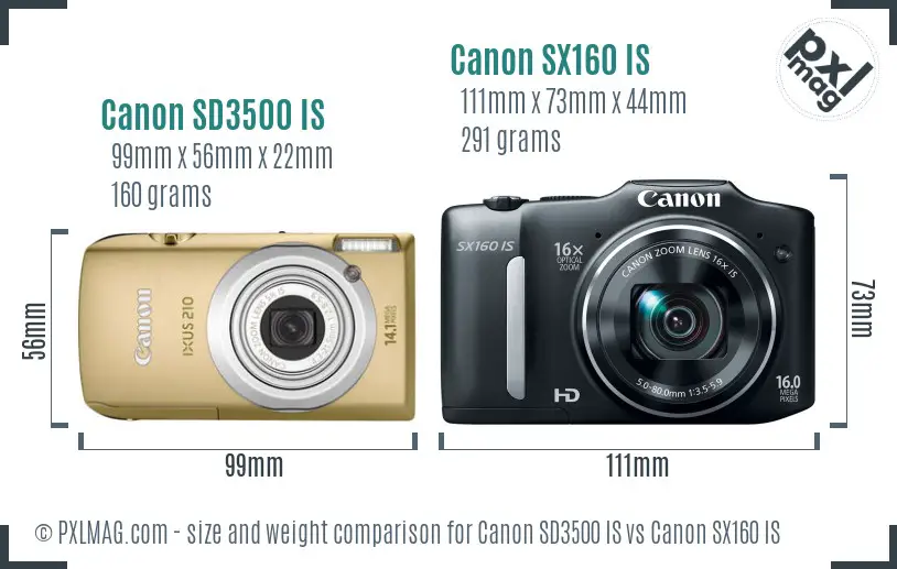 Canon SD3500 IS vs Canon SX160 IS size comparison