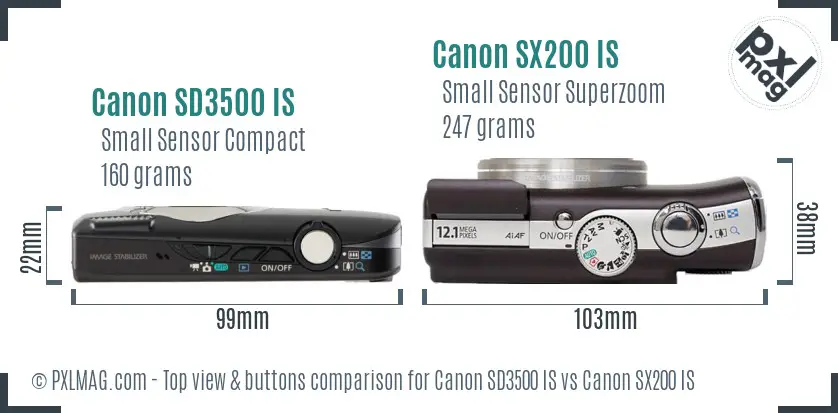 Canon SD3500 IS vs Canon SX200 IS top view buttons comparison
