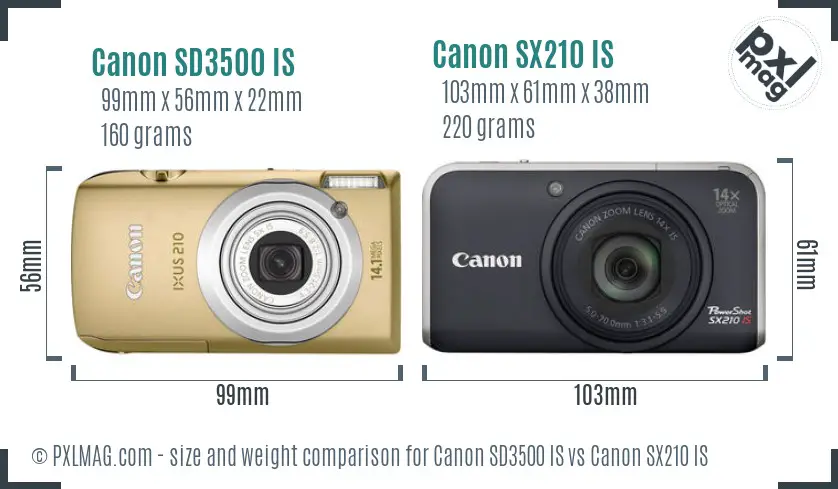Canon SD3500 IS vs Canon SX210 IS size comparison