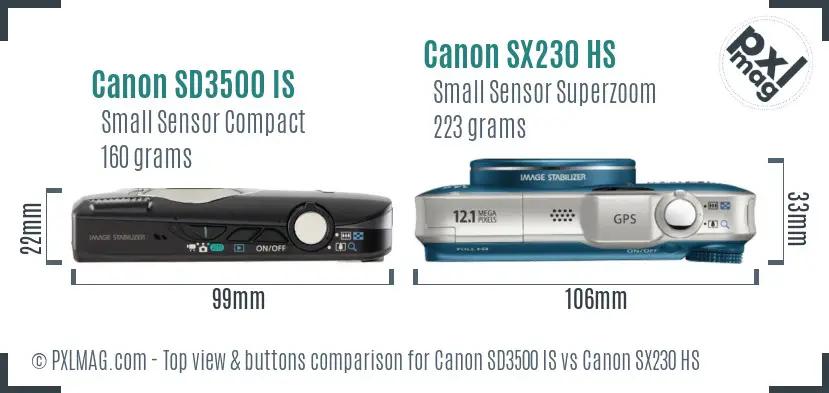 Canon SD3500 IS vs Canon SX230 HS top view buttons comparison
