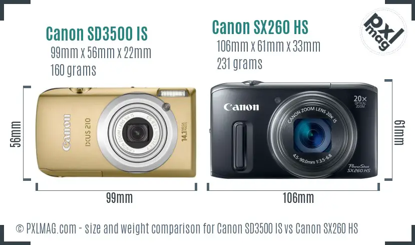 Canon SD3500 IS vs Canon SX260 HS size comparison
