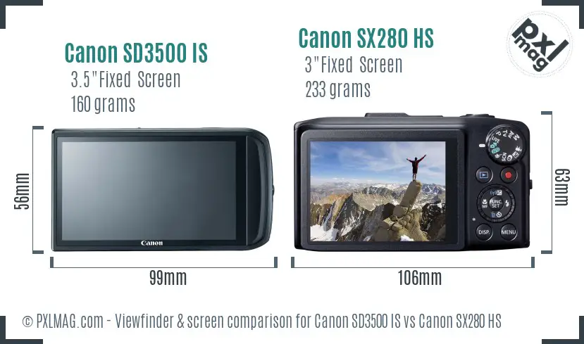 Canon SD3500 IS vs Canon SX280 HS Screen and Viewfinder comparison