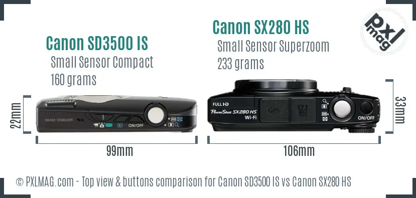 Canon SD3500 IS vs Canon SX280 HS top view buttons comparison