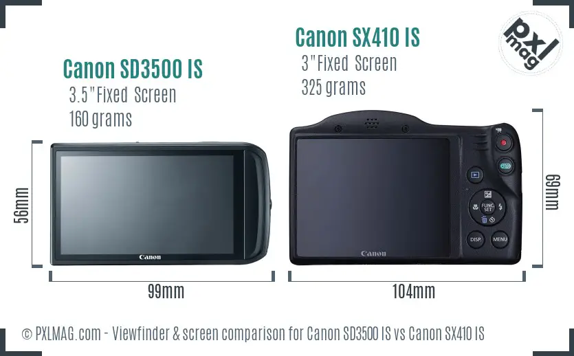 Canon SD3500 IS vs Canon SX410 IS Screen and Viewfinder comparison