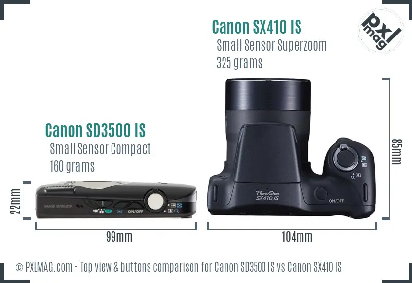 Canon SD3500 IS vs Canon SX410 IS top view buttons comparison