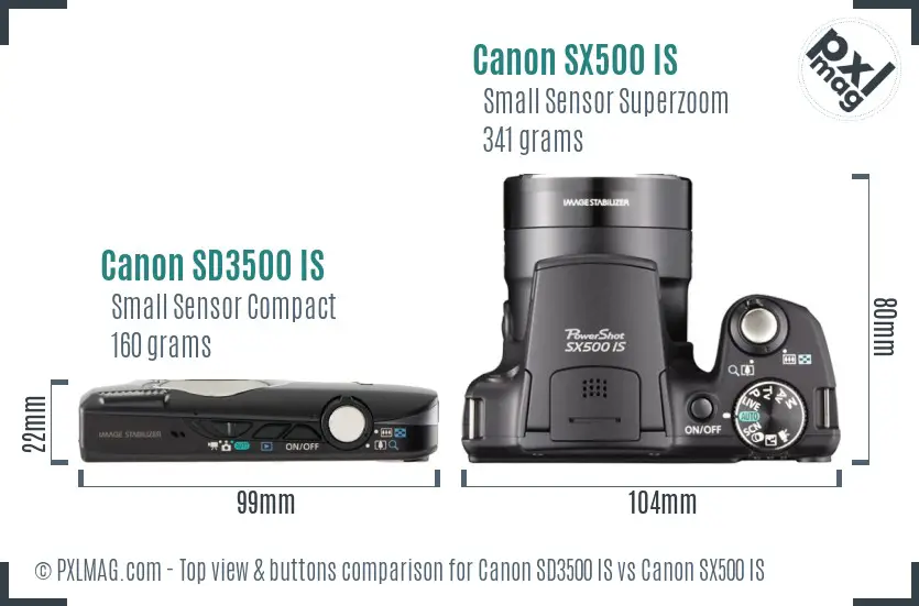 Canon SD3500 IS vs Canon SX500 IS top view buttons comparison
