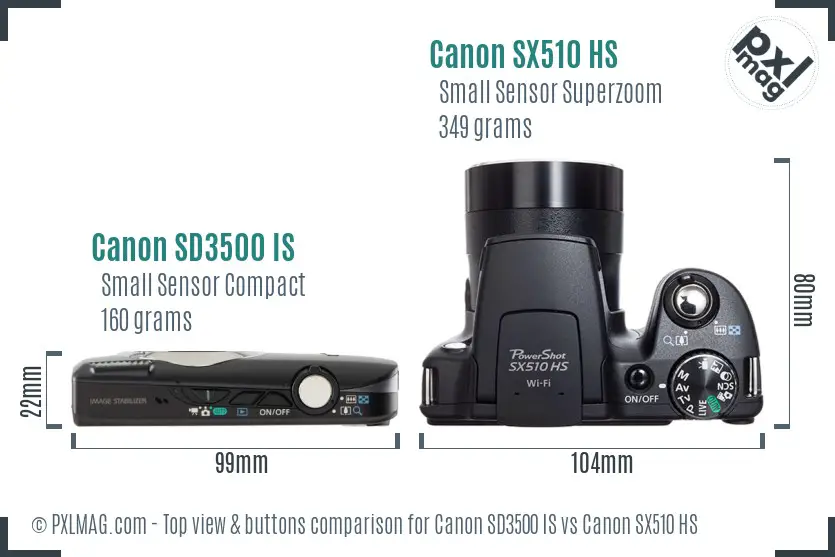 Canon SD3500 IS vs Canon SX510 HS top view buttons comparison