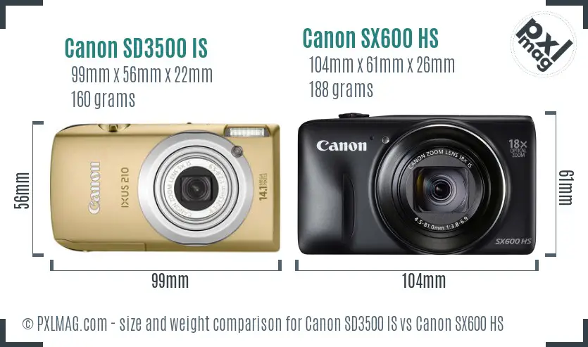 Canon SD3500 IS vs Canon SX600 HS size comparison