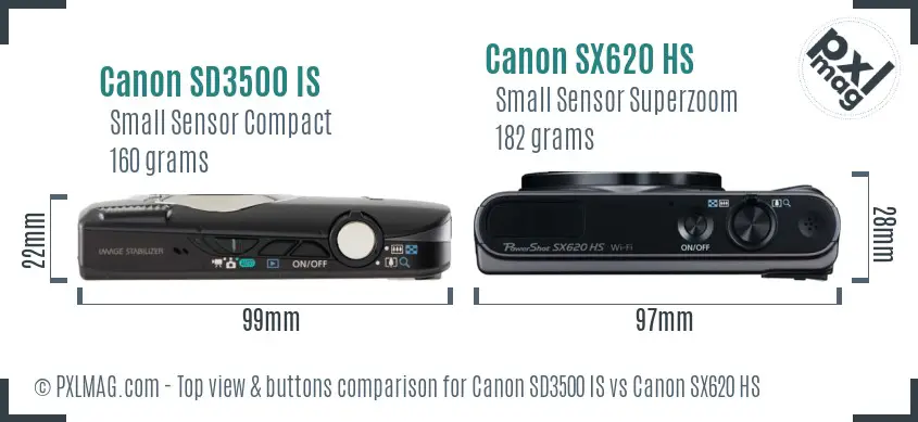 Canon SD3500 IS vs Canon SX620 HS top view buttons comparison