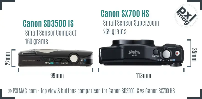 Canon SD3500 IS vs Canon SX700 HS top view buttons comparison