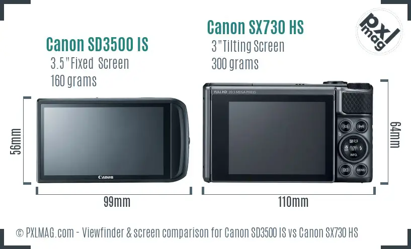 Canon SD3500 IS vs Canon SX730 HS Screen and Viewfinder comparison