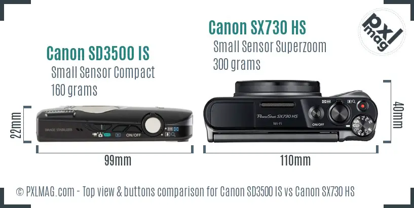 Canon SD3500 IS vs Canon SX730 HS top view buttons comparison