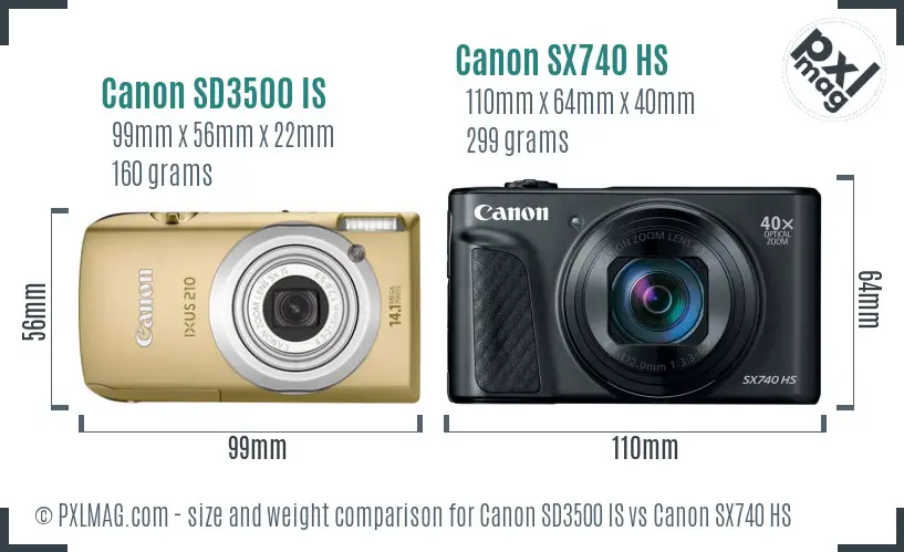 Canon SD3500 IS vs Canon SX740 HS size comparison