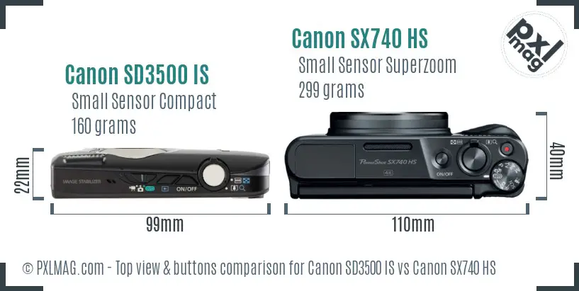 Canon SD3500 IS vs Canon SX740 HS top view buttons comparison