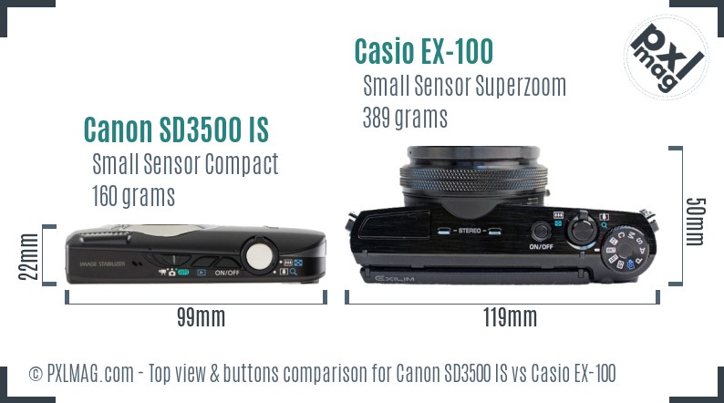 Canon SD3500 IS vs Casio EX-100 top view buttons comparison