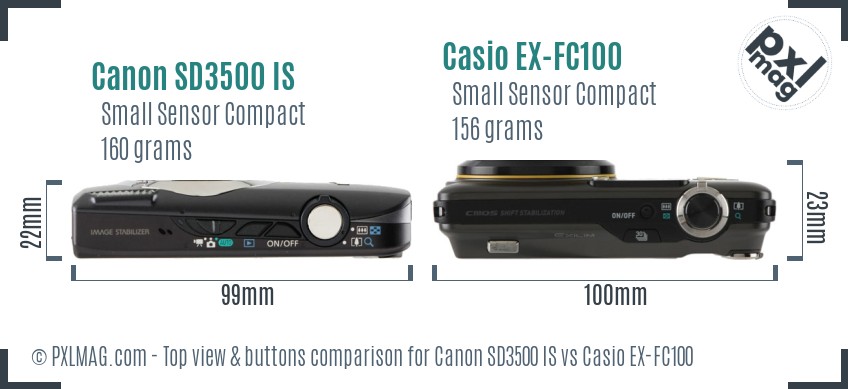 Canon SD3500 IS vs Casio EX-FC100 top view buttons comparison