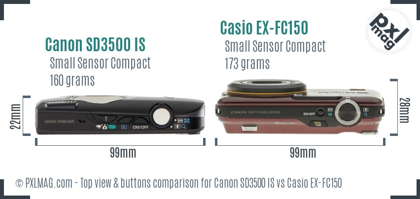 Canon SD3500 IS vs Casio EX-FC150 top view buttons comparison