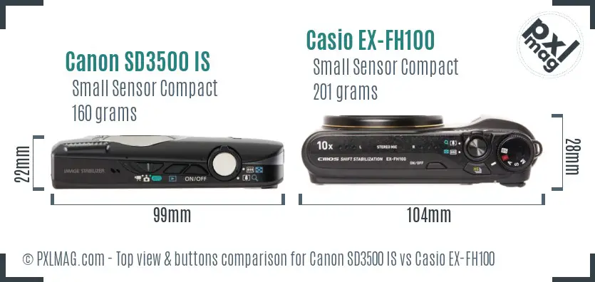 Canon SD3500 IS vs Casio EX-FH100 top view buttons comparison
