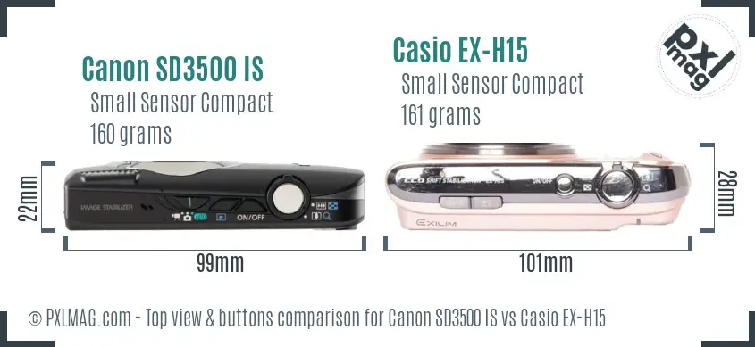 Canon SD3500 IS vs Casio EX-H15 top view buttons comparison