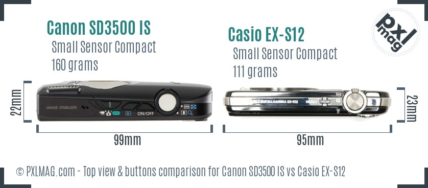 Canon SD3500 IS vs Casio EX-S12 top view buttons comparison