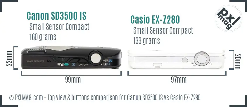 Canon SD3500 IS vs Casio EX-Z280 top view buttons comparison