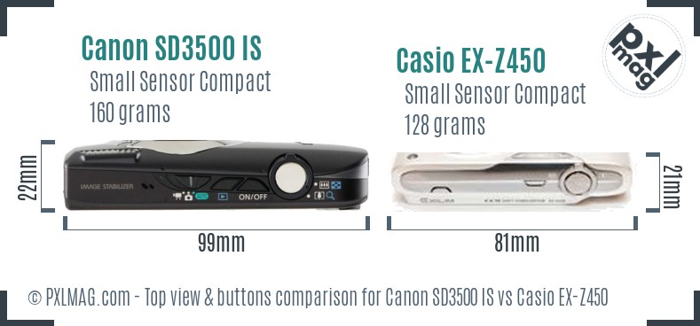 Canon SD3500 IS vs Casio EX-Z450 top view buttons comparison