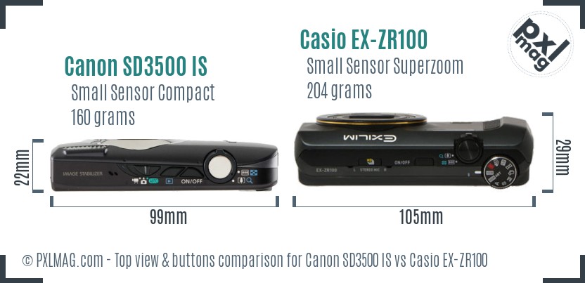 Canon SD3500 IS vs Casio EX-ZR100 top view buttons comparison