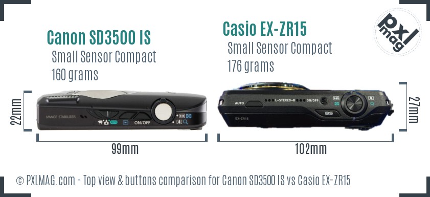 Canon SD3500 IS vs Casio EX-ZR15 top view buttons comparison