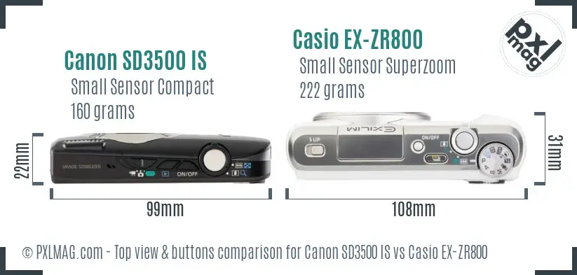 Canon SD3500 IS vs Casio EX-ZR800 top view buttons comparison
