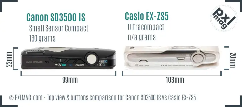Canon SD3500 IS vs Casio EX-ZS5 top view buttons comparison Canon SD3500 IS vs Casio EX-ZS5 top view buttons comparison