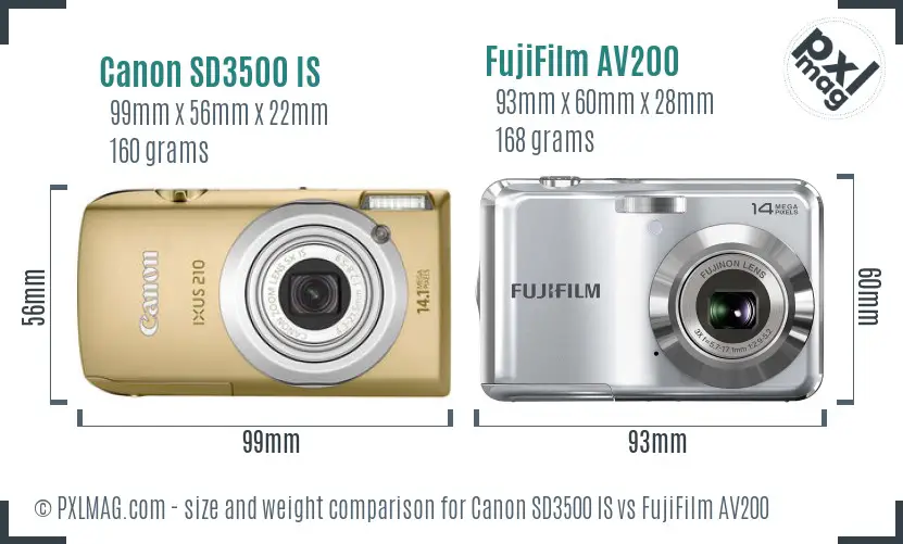 Canon SD3500 IS vs FujiFilm AV200 size comparison