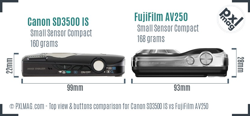 Canon SD3500 IS vs FujiFilm AV250 top view buttons comparison