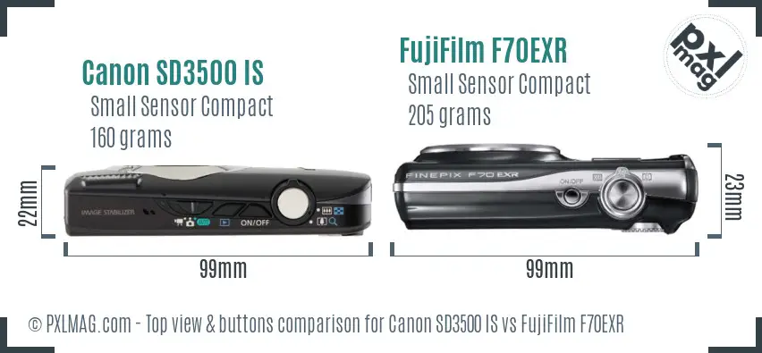 Canon SD3500 IS vs FujiFilm F70EXR top view buttons comparison Canon SD3500 IS vs FujiFilm F70EXR top view buttons comparison
