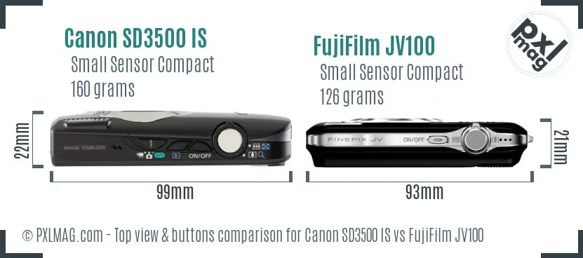 Canon SD3500 IS vs FujiFilm JV100 top view buttons comparison