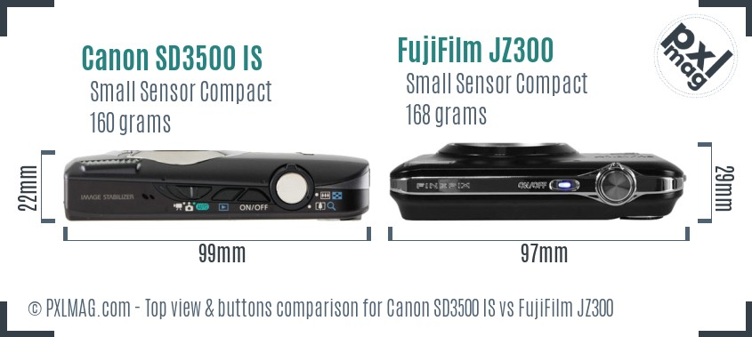 Canon SD3500 IS vs FujiFilm JZ300 top view buttons comparison