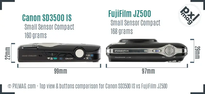 Canon SD3500 IS vs FujiFilm JZ500 top view buttons comparison