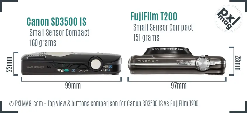 Canon SD3500 IS vs FujiFilm T200 top view buttons comparison Canon SD3500 IS vs FujiFilm T200 top view buttons comparison