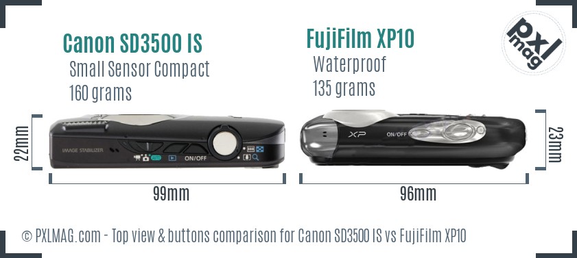 Canon SD3500 IS vs FujiFilm XP10 top view buttons comparison