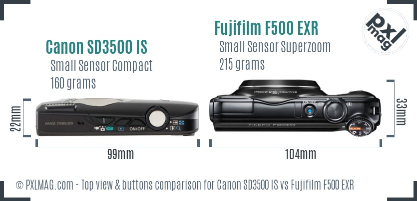 Canon SD3500 IS vs Fujifilm F500 EXR top view buttons comparison
