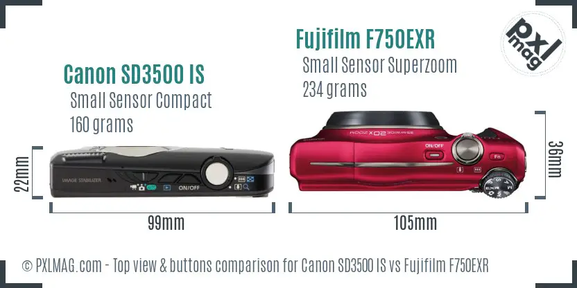 Canon SD3500 IS vs Fujifilm F750EXR top view buttons comparison