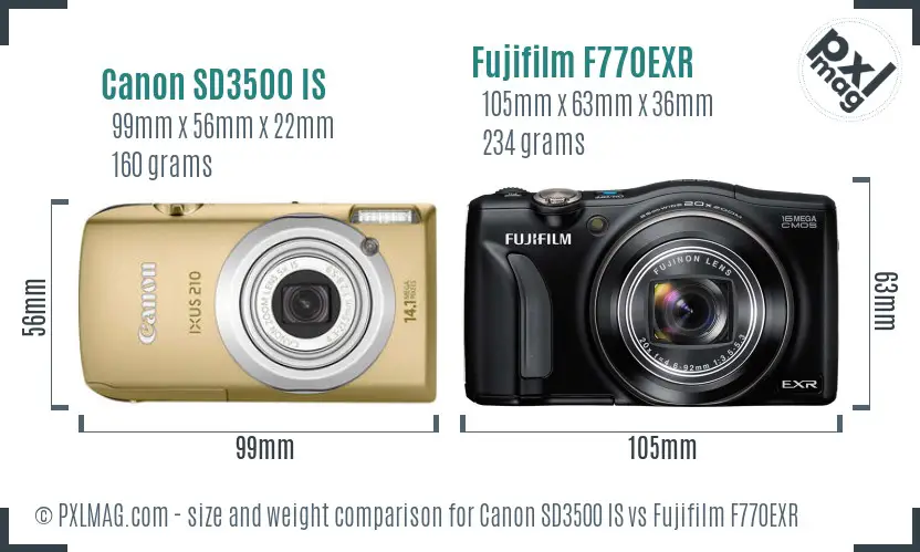 Canon SD3500 IS vs Fujifilm F770EXR size comparison