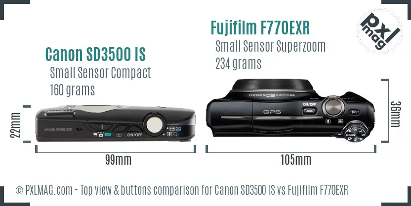 Canon SD3500 IS vs Fujifilm F770EXR top view buttons comparison