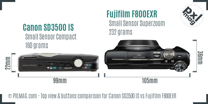 Canon SD3500 IS vs Fujifilm F800EXR top view buttons comparison