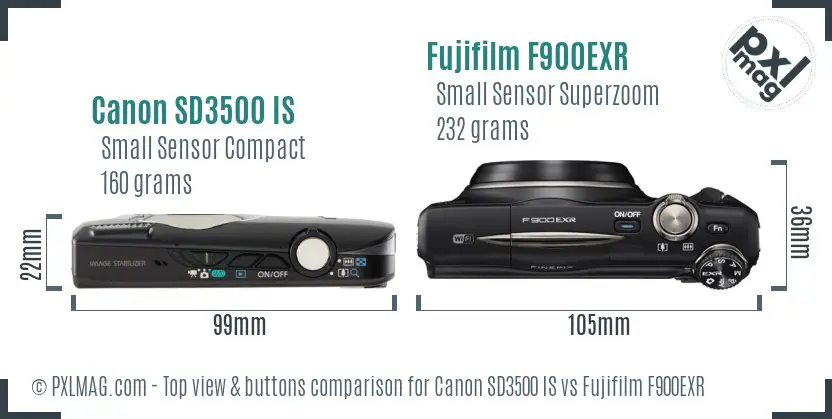 Canon SD3500 IS vs Fujifilm F900EXR top view buttons comparison