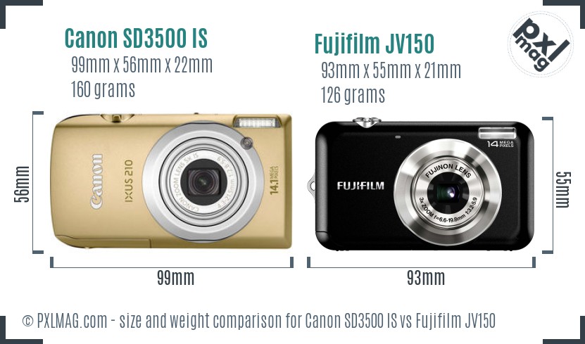 Canon SD3500 IS vs Fujifilm JV150 size comparison