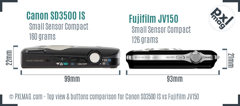 Canon SD3500 IS vs Fujifilm JV150 top view buttons comparison
