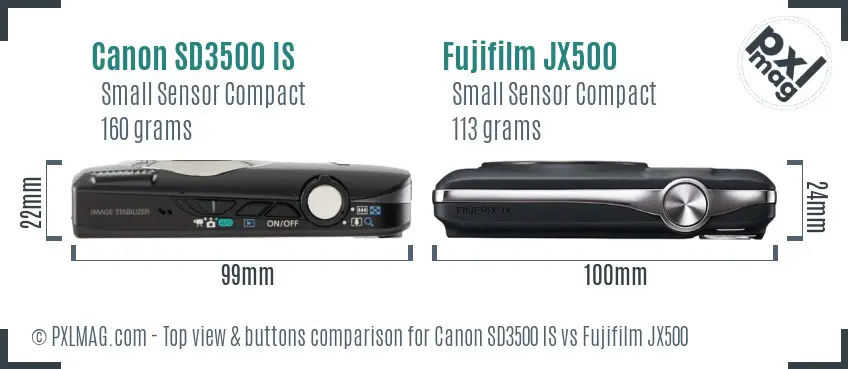 Canon SD3500 IS vs Fujifilm JX500 top view buttons comparison Canon SD3500 IS vs Fujifilm JX500 top view buttons comparison