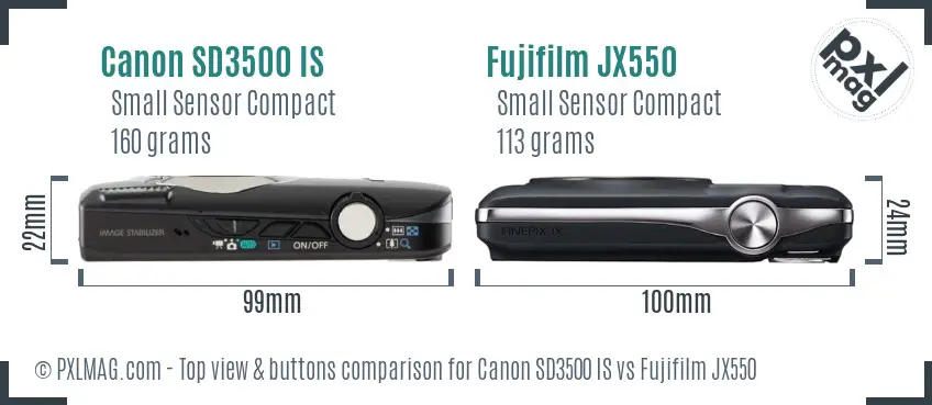 Canon SD3500 IS vs Fujifilm JX550 top view buttons comparison